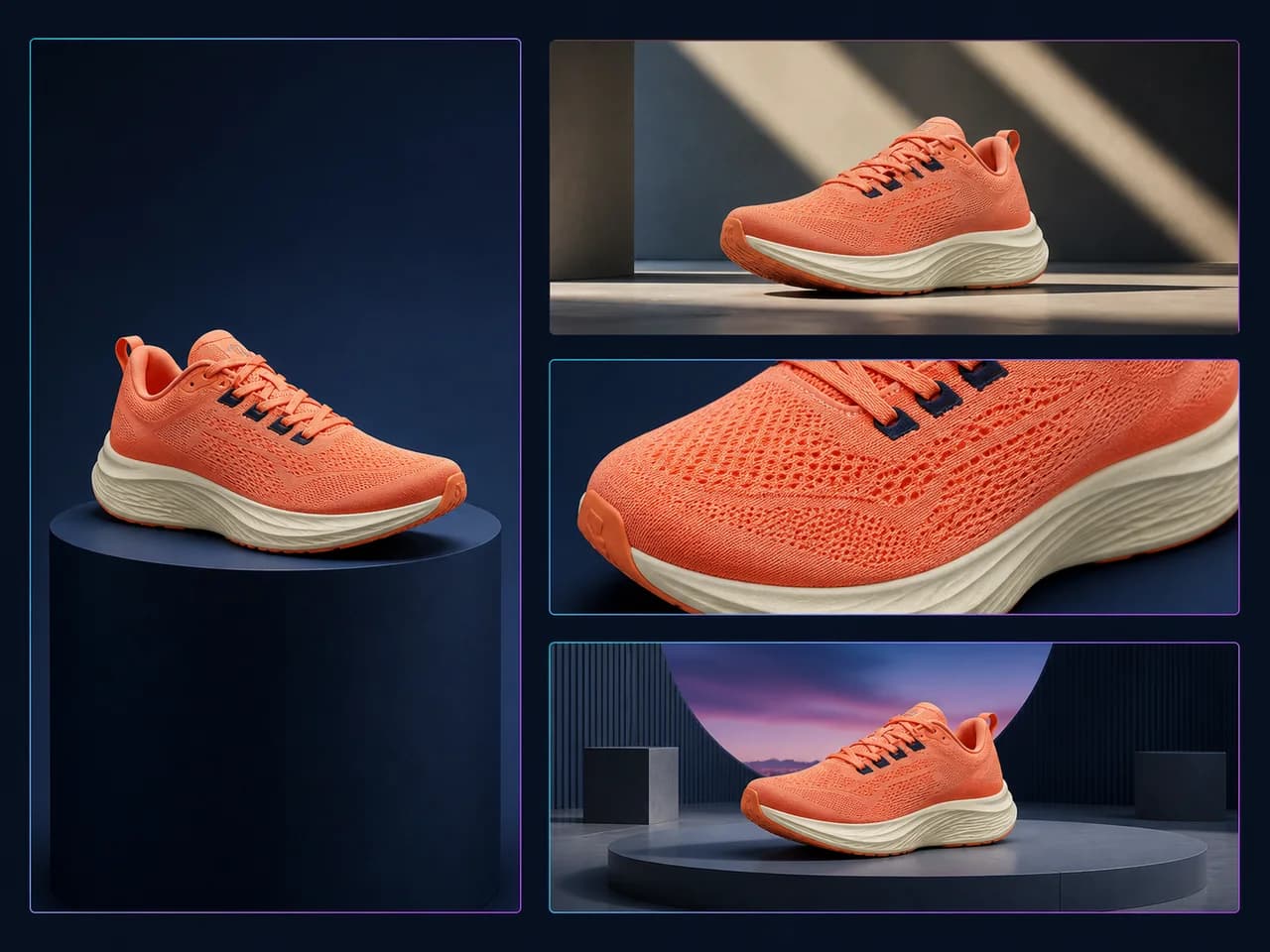 The same running shoe kept consistent across catalog, lifestyle, detail and campaign images